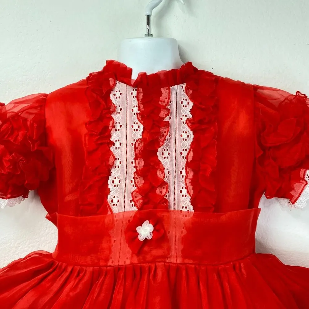Vintage Girls Red Nylon Chiffon Dress Lace Puff Sleeve Holiday Christmas Size 6